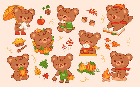 Kawaii cute bear. Cartoon autumn animal. Funny fall season woodland bears character in sweater with pumpkin, umbrella, leaves, mushrooms. Happy tidy seasonal note sticker. Vector set.のイラスト素材
