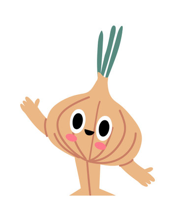 Cartoon character of a happy onion waving with hands, cute vegetable with smiling face, healthy food for kids, funny personage for children book or stickerのイラスト素材