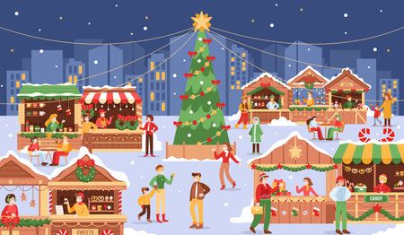 Christmas fair with people. X-mas market on city square. Winter outdoor celebration on street with Christmas tree. Town festive scene with families. Festival shopping. Vector concept.のイラスト素材