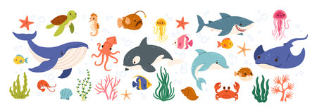 Underwater animal. Sea and ocean fish. Cartoon cute marine water fish, octopus, whale, shark, crab, jellyfish, turtle, seahorse, coral algae Underwater wildlife Vector setのイラスト素材