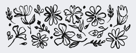 Ink flower. Black brush floral silhouette. Hand drawn grunge textured natural shapes. Sketch painted spring flower, leaves, branches, leaf, blossom, plant. Vector botanical set.のイラスト素材
