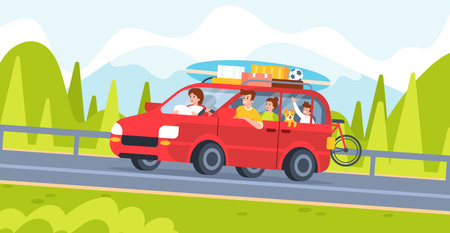 Family car travelling. Summer family trip. Road journey with happy couple with children by car. Adventure holiday with parents and kids. Nature travel with camping. Vector illustration.のイラスト素材