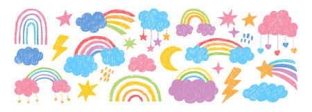 Doodle rainbow. Naive sketch color arc. Hand drawn kids pencil colored rainbow, stars, clouds, rain, hearts, tail. Sketch crayon childish arc shapes. Kid vector set.のイラスト素材