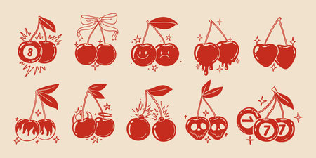 Retro cherry. Vintage red berry. Hand drawn fruit for print. Sketch cherries with ribbon, bow, skull, cherry bomb, explosion, lucky berries. Comic graphic element. Vector set.のイラスト素材