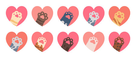 Cat paw in heart. Pet frame. Symbol animal love, pet care for animal lovers. Kitten palms and hands. Hearts stickers for pet shop. Valentine kitty footprint patch. Vector set.のイラスト素材