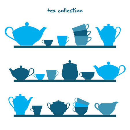 Shelves with tea pots and tea cups. Vector illustrationのイラスト素材