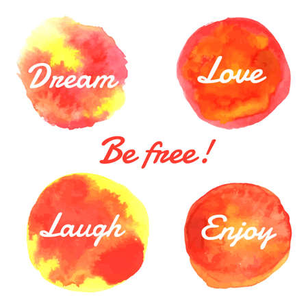 Watercolor circles with words love, enjoy, dream, laugh. Vectorのイラスト素材