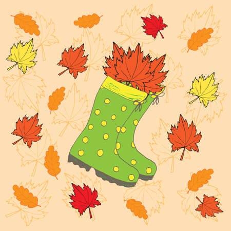 Autumn background with maple red and yellow leaves and a pair of green rainboots. Vector illustrationのイラスト素材