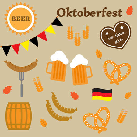 Germany oktoberfest elements. Vector illustration. Text in German on gingerbread: "I love you"のイラスト素材