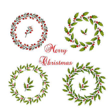 Set of christmas holly wreath with green leaves and red berries. Vector illustrationのイラスト素材