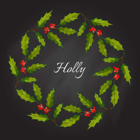 Christmas holly tree wreath with green leaves and red berries. Vector illustrationのイラスト素材