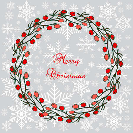 Christmas holly tree wreath with red berries. Vector illustrationのイラスト素材