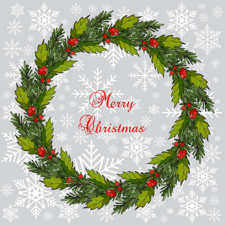Christmas fir and holly tree wreath with green leaves and red berries. Vector illustrationのイラスト素材