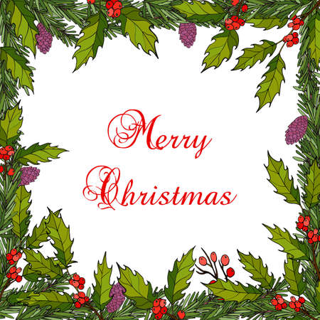 Christmas Frame with holly and fir. Vector illustrationのイラスト素材