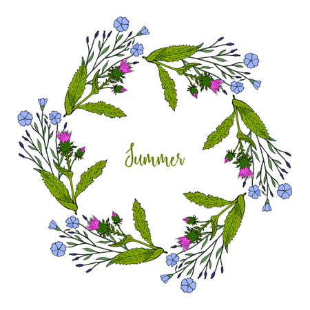 Hand drawing wild herbs wreath - thistle and flaxのイラスト素材