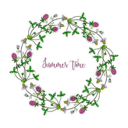 Hand drawing wild herbs wreath - clover and chamomilleのイラスト素材