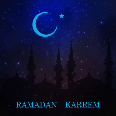 Ramadan greetings card. View of mosque in  blue night background. Vector illustrationのイラスト素材