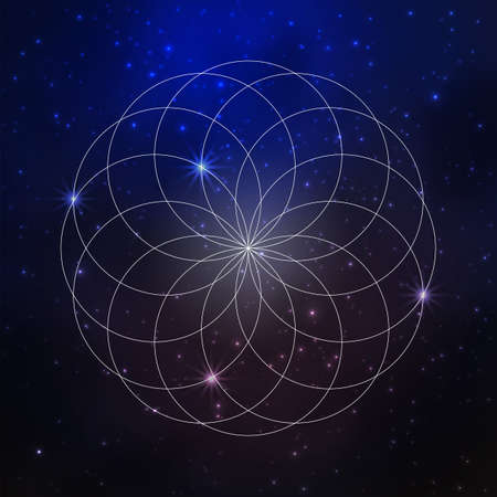 Space background with stars and sacred geometry pattern, flower of life. Vector illustrationのイラスト素材