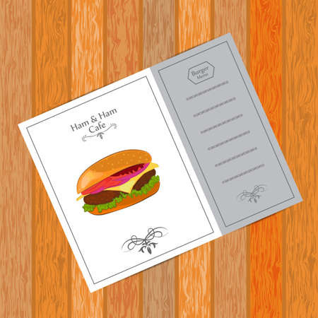 Menu for fast food hamburger on wooden background. Vector illustrationのイラスト素材