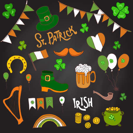 St. Patrick s Day holiday design elements set. Hand drawn vector illustrationのイラスト素材