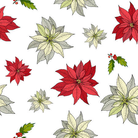 Christmas seamless pattern with red and white poinsettia. Vector illustrationのイラスト素材