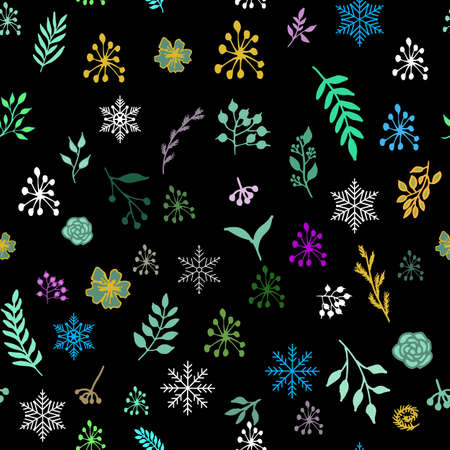 Seamless vintage winter pattern with hand drawn floral decorative elements, vector illustrationのイラスト素材