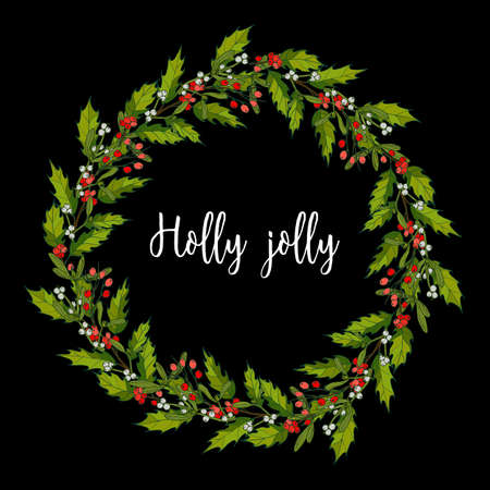 Holly and mistletoe wreath. Christmas And New Year Greeting cardのイラスト素材