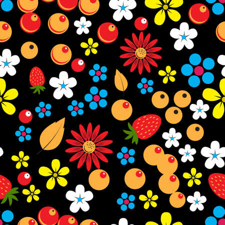 Abstract seamless pattern with berries, leaves and flowersの写真素材