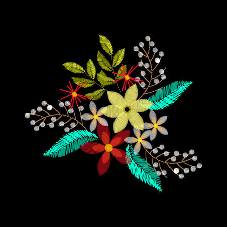 Vintage embroidery colorful flowers composition Vector illustration.のイラスト素材