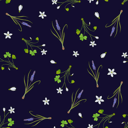Spring seamless pattern with miscari and wood sorrel. Hand drawn vector illustrationのイラスト素材