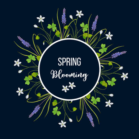 Spring round frame with miscari and wood sorrel. Hand drawn vector illustrationのイラスト素材