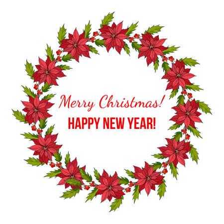 Christmas and New Year wreath with holly and poinsettiaのイラスト素材