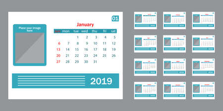 Calendar 2019. Vector template. Week starts on Sundayのイラスト素材