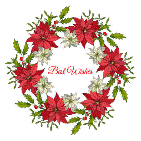 Christmas and New Year wreath with holly and poinsettia. Vector illustrationのイラスト素材