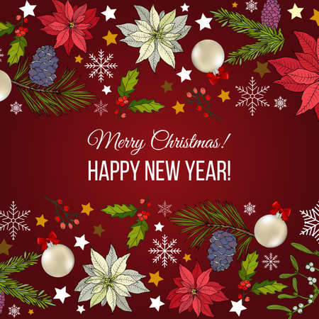 Merry Christmas and Happy New Year greeting card, vector illustrationのイラスト素材
