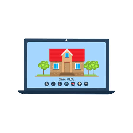 Smart house app concept with laptop control. Flat style vector illustrationのイラスト素材