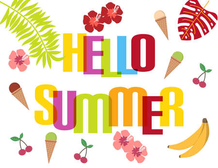Hello summer background with tropical leaves and flowers. Vector illustrationのイラスト素材