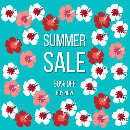 Summer sale poster background with tropical flowers. Vector illustrationのイラスト素材