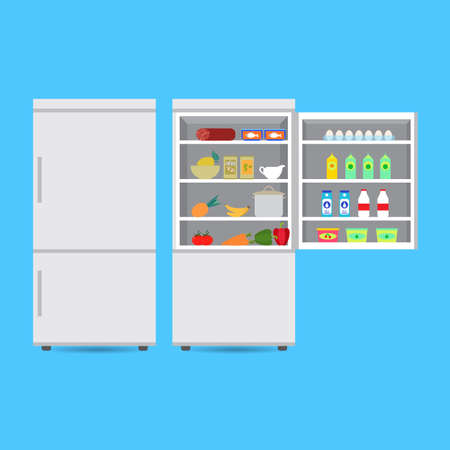 Closed and opened refrigerator with food and drink, fruits and vegetables. Vector Illustrationのイラスト素材