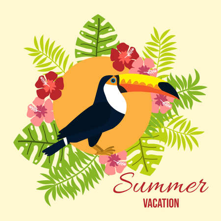 Summer card with tropical bird toucan on floral background. Vector illustrationのイラスト素材