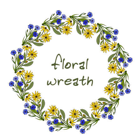 Floral frame with summer flowers and leaves. Floral wreath. Vintage Greeting Card. Vector illustrationのイラスト素材