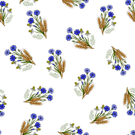 Seamless pattern with cornflowers, chamomiles and ears. Vector illustrationのイラスト素材