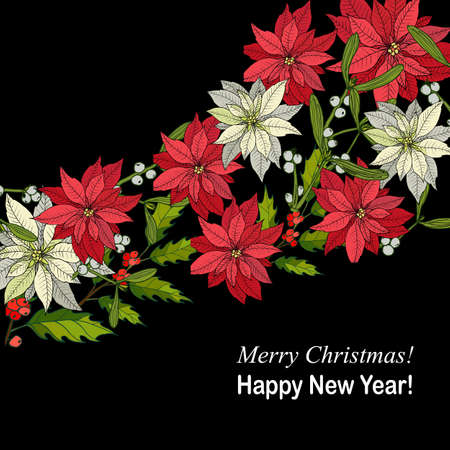 Merry Christmas and Happy New Year greeting card, banner with holly, poinsettia and mistletoe vector illustrationのイラスト素材