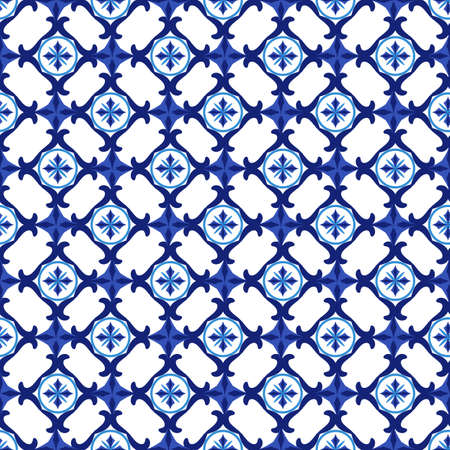 Azulejos portuguese traditional ornamental tile, blue and white seamless pattern. Vector illustrationのイラスト素材