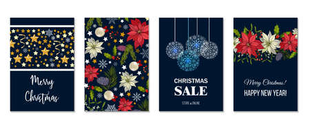 Christmas banners set with fir branches, poinsettia flowers, snowflakes. Vector illustrationのイラスト素材