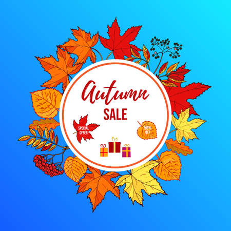 Autumn fall sale poster with color leavesのイラスト素材