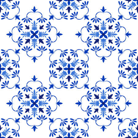 Azulejos portuguese traditional ornamental tile, blue and white seamless pattern. Vector illustrationのイラスト素材