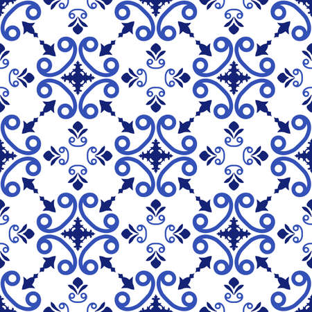 Azulejos portuguese traditional ornamental tile, blue and white seamless patternのイラスト素材