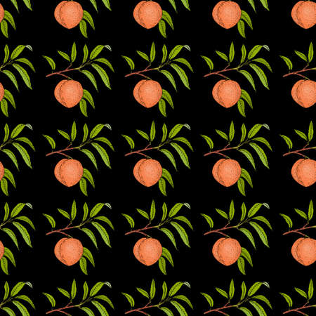 Peach branch with fruit and leaves seamless patternのイラスト素材