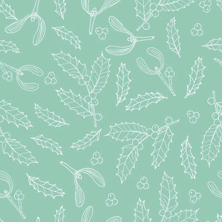 Christmas seamless pattern with holly branch and mistletoeのイラスト素材